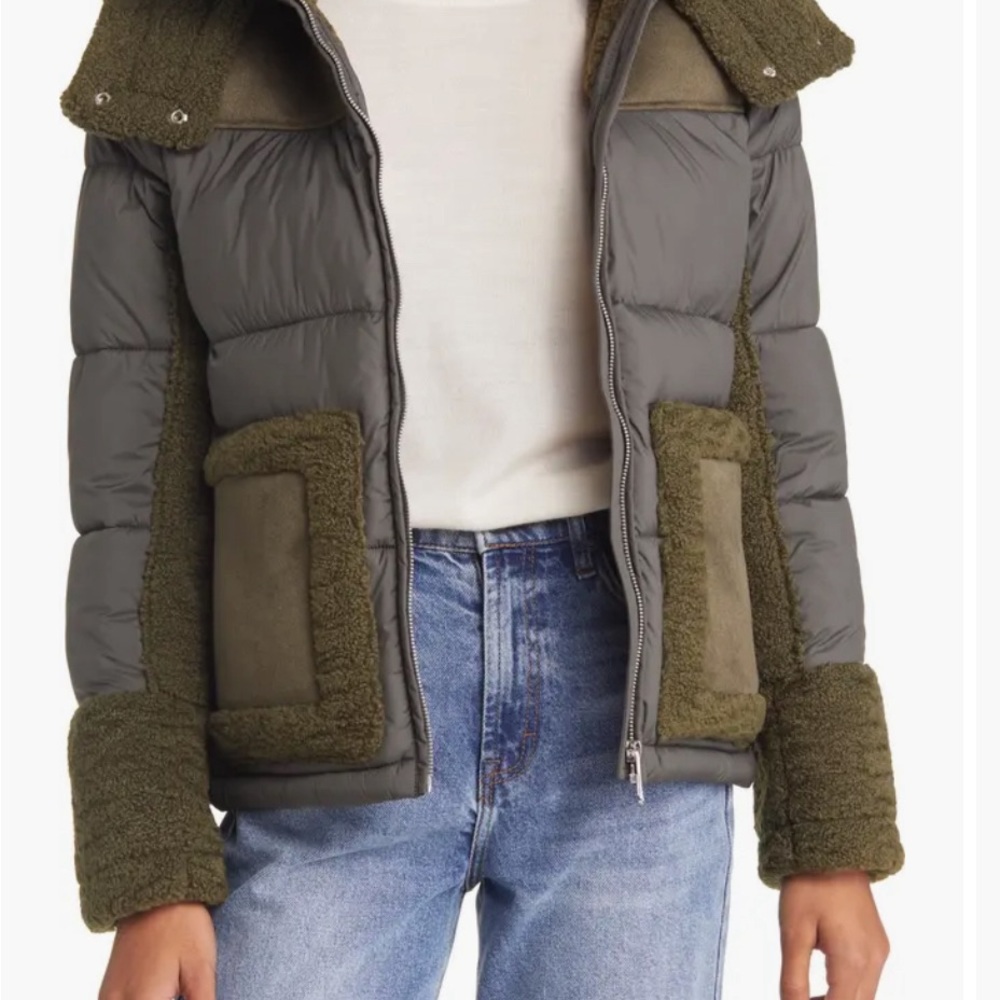 Sam Edelman Mixed Media Puffer Jacker with Faux Fur Trim